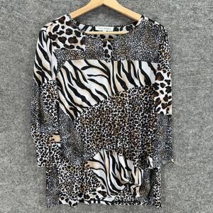 Emily Daniels Blouse Women L Large Black Animal Print 3/4 Sleeve Round Neck